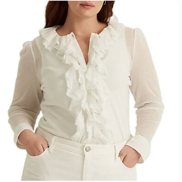 LAUREN RALPH LAUREN White Ruffle Trim Tulle Cardigan // XL - Picture 1 of 12